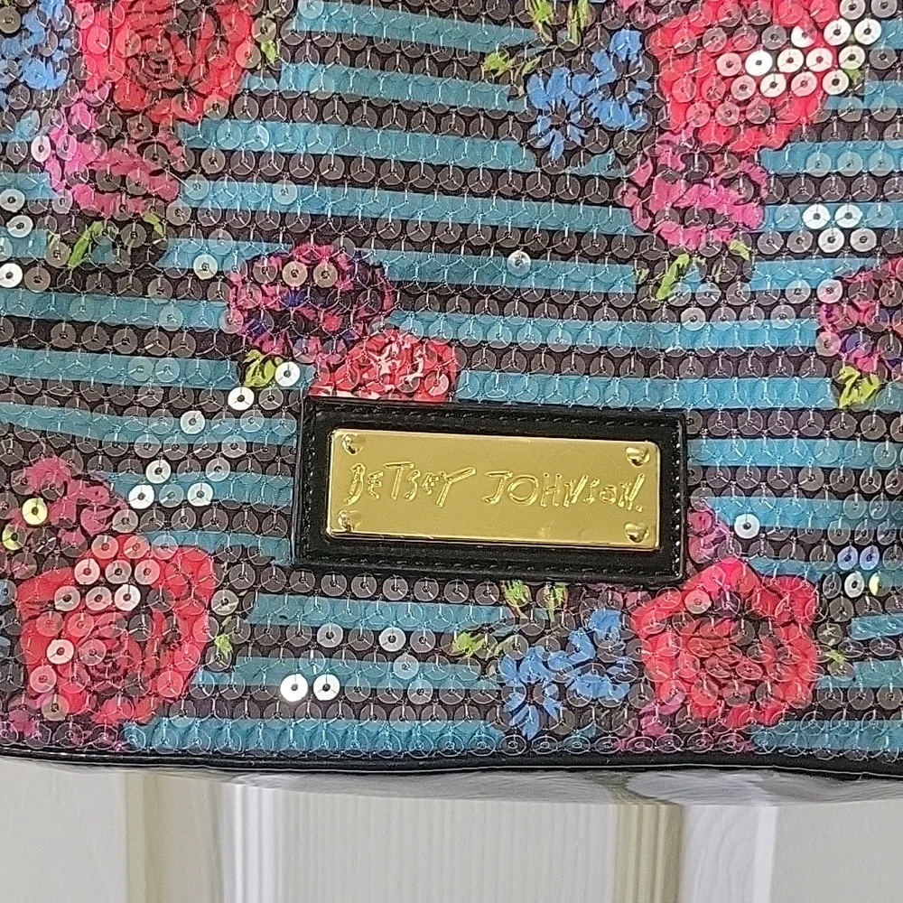 Betsy Johnson Turquoise with Pink Roses and Sequins Purse